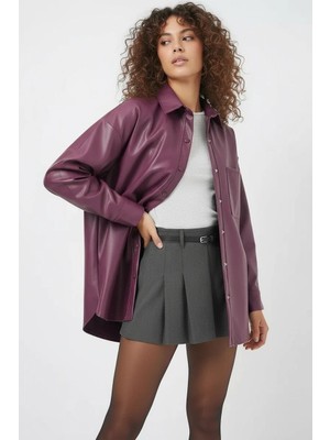 Efnaz Style Kadın Oversize Kesim Mürdüm Gömlek