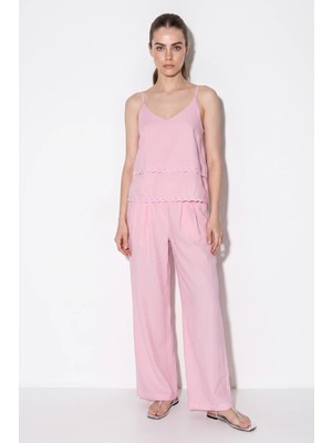 Efnaz Style Kadın Ince Askılı Dantel Detaylı Bluz Beli Lastikli Cep Dataylı Pantolon Keten Pembe Takım
