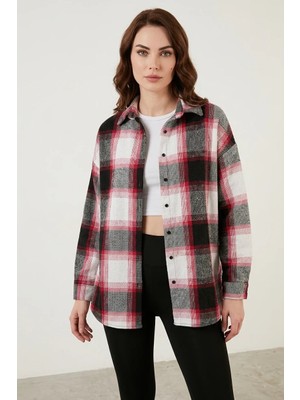 Efnaz Style Kadın Oversize Ekose Desenli Pamuklu Kiremit Gömlek