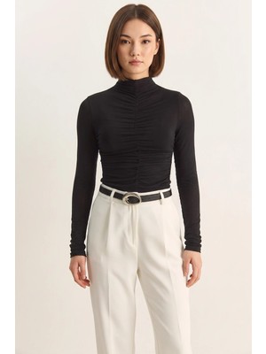 Efnaz Style Kadın Büzgülü Uzun Kollu Soft Touch Siyah Bluz