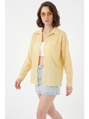 Efnaz Style Kadın Oversize Tek Cepli Çizgili Viskon Sarı Gömlek
