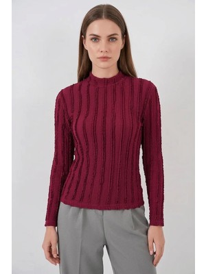 Efnaz Style Kadın Yüksek Yaka Dokulu Bordo Bluz