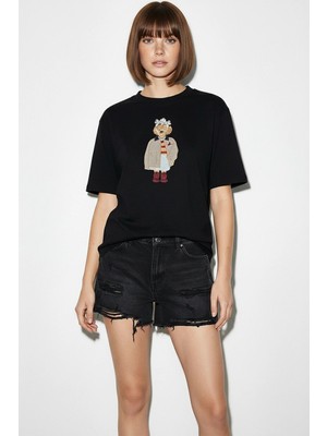 Efnaz Style Kadın Köpek Nakışlı Taş Işlemeli Relaxed Fit Pamuklu T Shirt Siyah