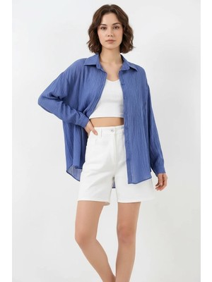 Efnaz Style Kadın Oversize Kesim Viskon Indigo Gömlek