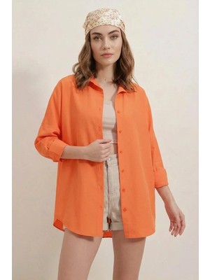 Efnaz Style Kadın Basic Oversize Pamuklu Turuncu Gömlek