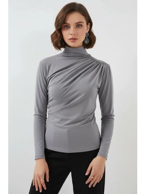Efnaz Style Kadın Balıkçı Yaka Büzgülü Detay Gri Bluz
