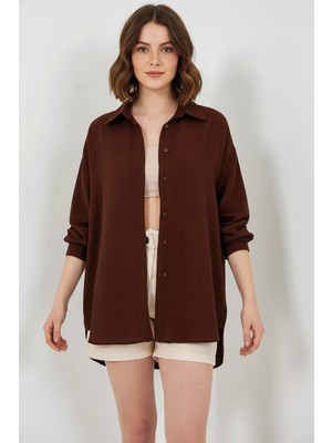 Efnaz Style Kadın Oversize Kesim Pamuklu Kahverengi Gömlek