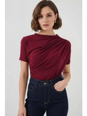 Efnaz Style Kadın Kısa Kol Büzgü Detaylı Bordo Bluz