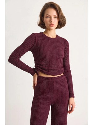 Efnaz Style Kadın Yanları Bağlamalı Crop Beli Lastikli Yüksek Bel Bürümcük Mürdüm Takım