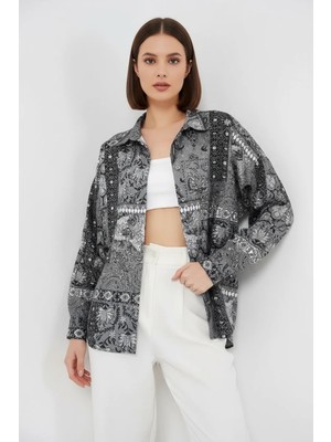 Efnaz Style Kadın Oversize Desenli Saten Antrasit Gömlek