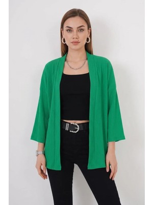 Efnaz Style Kadın Yaka Dikey Fitilli Yeşil Kimono