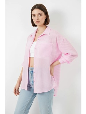Efnaz Style Kadın Oversize Tek Cepli Çizgili Viskon Pembe Gömlek