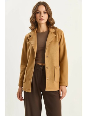 Efnaz Style Kadın Cep Detaylı Kuşaklı Süet Camel Ceket