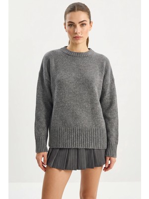 Efnaz Style Kadın Bisiklet Yaka Oversize Triko Antrasit Kazak