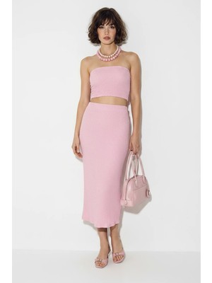 Efnaz Style Kadın Straplez Bürümcük Crop Bluz Yüksek Bel Midi Kalem Pembe Etek Takım