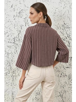 Efnaz Style Kadın Oversize Çizgili Viskon Kahverengi Gömlek