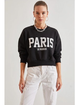 Efnaz Style Kadın Paris Baskılı Üç Iplik Şardonlu Siyah Sweatshirt