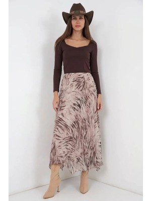Efnaz Style Kadın Kare Yaka Normal Bel Asimetrik Kesim Pileli Şifon Bej Etek