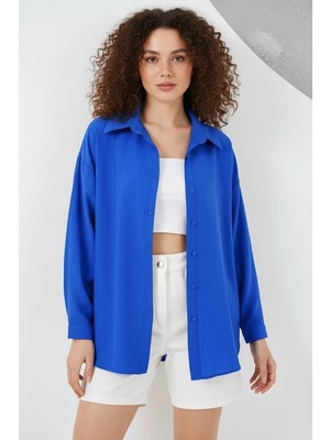 Efnaz Style Kadın Oversize Pamuklu Saks Gömlek