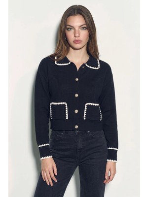 Efnaz Style Kadın Polo Yaka Cep Detaylı Çoban Dikişli Triko Siyah Hırka