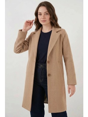 Efnaz Style Kadın Klasik Yaka Balık Sırtı Çizgili Kaşe Camel Kaban
