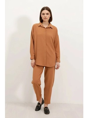 Efnaz Style Kadın Gömlek Yaka Oversize Taba Ikili Takım