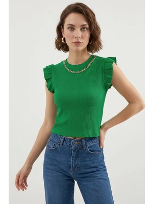 Efnaz Style Kadın Yuvarlak Yaka Kolları Fırfırlı Yeşil Bluz