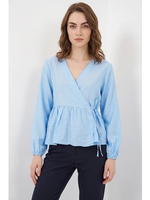 Efnaz Style Kadın V Yaka Beli Büzgülü Yandan Bağlamalı Viskon Mavi Bluz