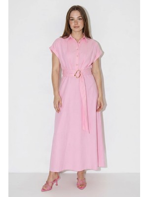 Efnaz Style Kadın Kemer Tokalı Gömlek Yaka Midi Pembe Elbise