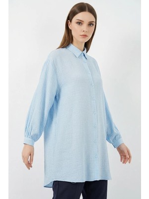 Efnaz Style Kadın Gömlek Yaka Dokulu Oversize Viskon Mavi Tunik