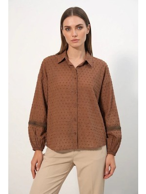 Efnaz Style Kadın Oversize Fisto Desenli Taba Gömlek