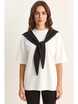 Efnaz Style Kadın Şal Detaylı Oversize Basic Beyaz Siyah Tişört