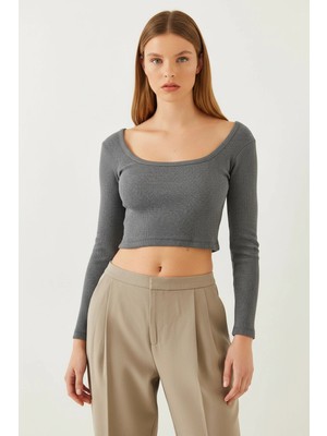 Efnaz Style Kadın Kare Yaka Uzun Kollu Basic Crop Antrasit Bluz