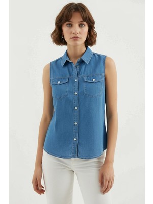 Efnaz Style Kadın Cep Detaylı Denim Lacivert Gömlek