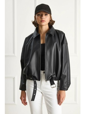 Efnaz Style Kadın Oversize Tokalı Deri Siyah Ceket