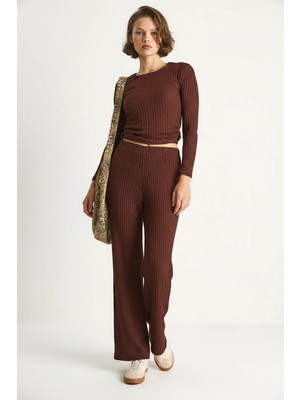 Efnaz Style Kadın Yanları Bağlamalı Crop Beli Lastikli Yüksek Bel Pantolonlu Bürümcük Kahve Takım
