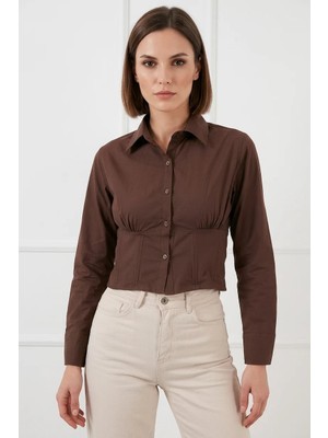 Efnaz Style Kadın Belden Büzgülü Slim Fit Pamuklu Kahverengi Gömlek