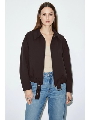 Efnaz Style Kadın Oversize Kemer Detaylı Fermuarlı Astarlı Bomber Acı Kahve Ceket
