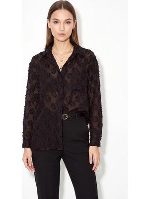 Efnaz Style Kadın Kabartmalı Desenli Transparan Dokulu Oversize Pamuklu Acı Kahve Gömlek