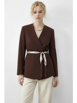 Efnaz Style Kadın Kruvaze Yaka Fular Kemerli Blazer Kahverengi Ceket