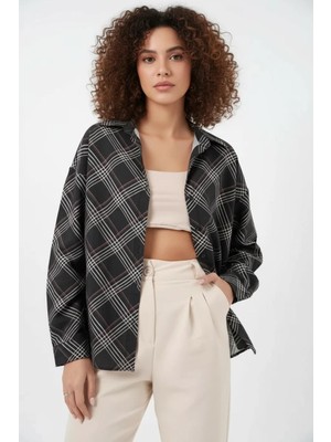 Efnaz Style Kadın Kareli Desen Oversize Viskon Siyah Gömlek