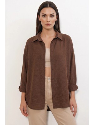 Efnaz Style Kadın Oversize Kesim Keten Kahverengi Gömlek