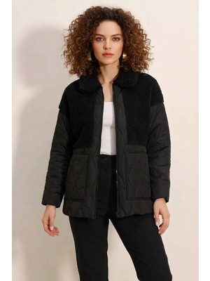 Efnaz Style Kadın Yüksek Yaka Kapitone Peluş Detaylı Oversize Siyah Mont