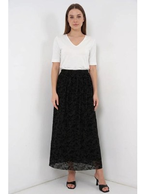 Efnaz Style Kadın Flok Baskılı Pamuklu Siyah Etek