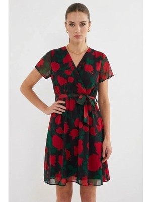 Efnaz Style Kadın Kısa Kol Kuşaklı Çiçek Desenli Şifon Siyah Elbise