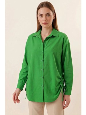 Efnaz Style Kadın Belden Büzgülü Oversize Uzun Basic Pamuklu Yeşil Gömlek
