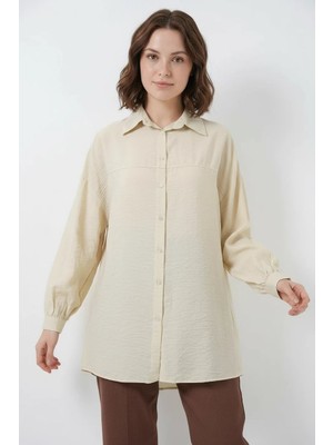 Efnaz Style Kadın Bol Kesim Düğme Detaylı Beli Büzgülü Oversize Viskon Ekru Gömlek