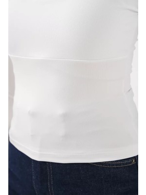 Efnaz Style Kadın Kare Yaka Slim Fit Uzun Kol Beyaz Bluz
