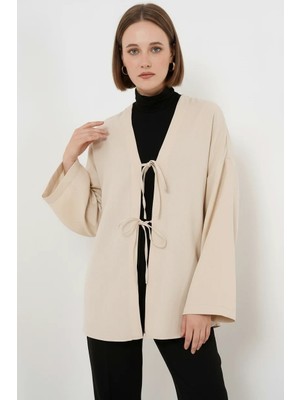 Efnaz Style Kadın Kuşaklı Viskon Krem Tesettür Kimono