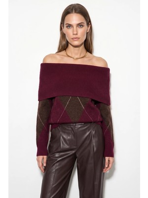 Efnaz Style Kadın Madonna Yaka Baklava Desenli Triko Bordo Kahverengi Kazak